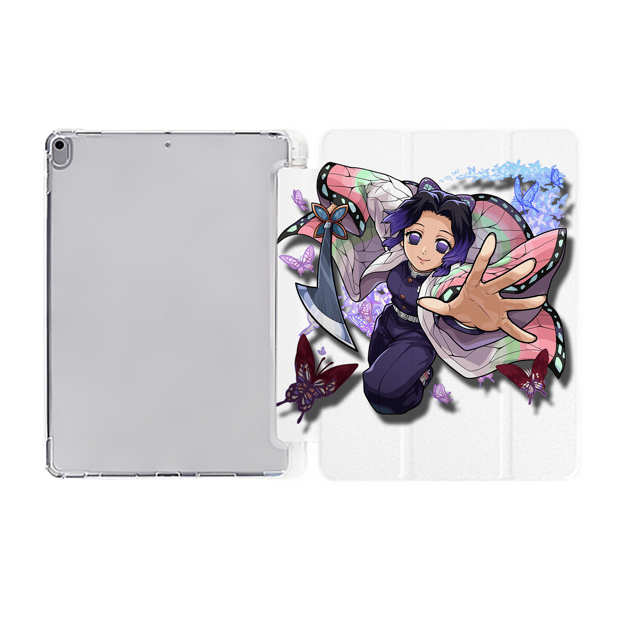 （画像用） 鬼滅の刃（きめつのやいば）蟲柱-胡蝶 しのぶ／こちょう しのぶ Kochou Shinobu IPad ケース ペン収納付き 三つ折りスタンド PUレザー×シリコン 対応機種9.5/10.5/10.9インチ